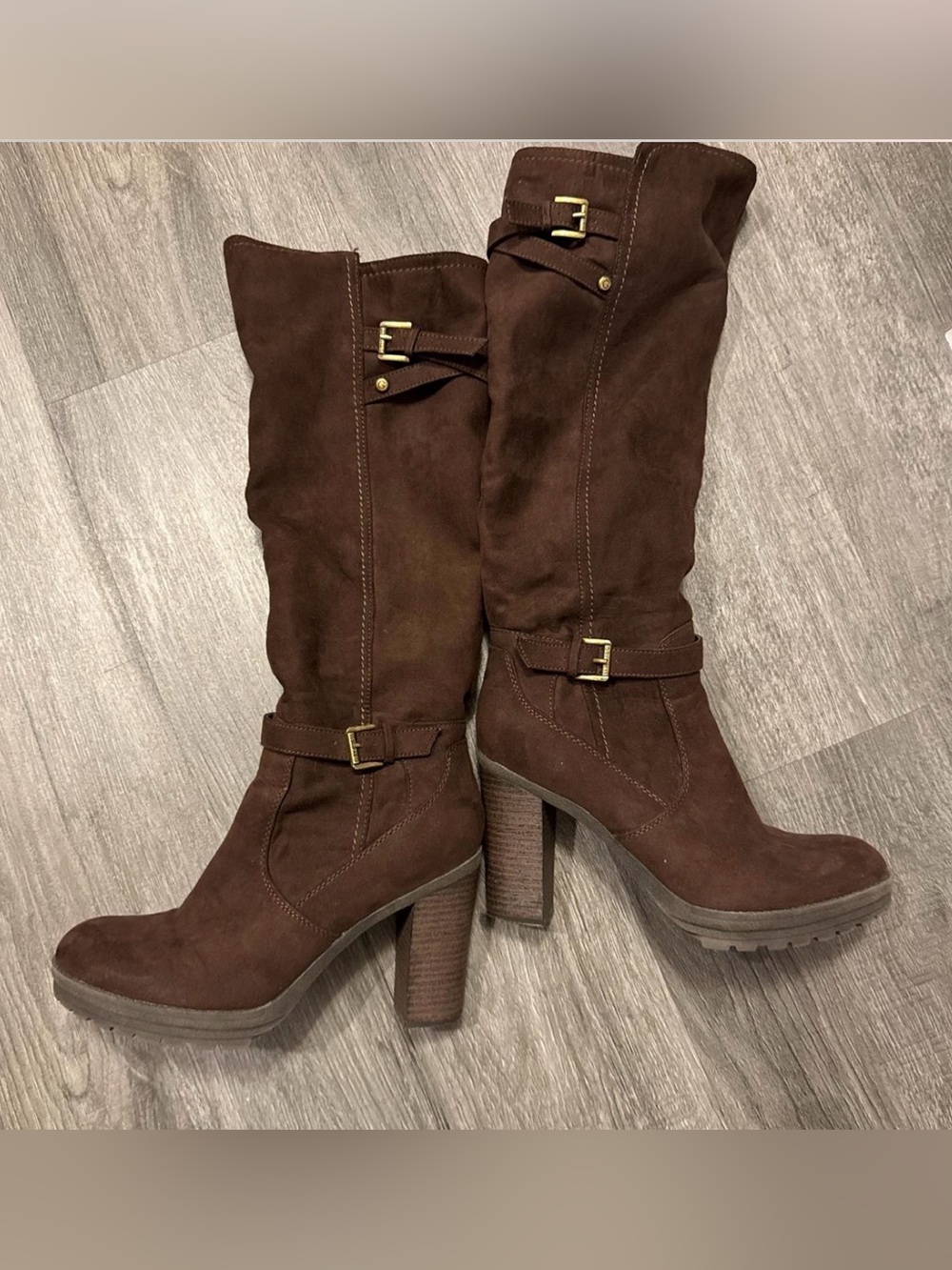 G by Guess Brown Suede Buckled High Heel Knee Boots